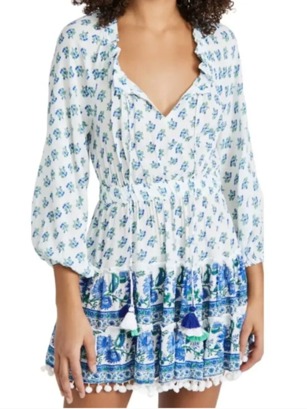 Playa Lucila Printed Floral Mini Dress (Blue & White / Size L)